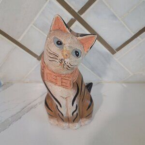 hand crafted wooden cat figurine statue kitten cat lover orange black striped ca